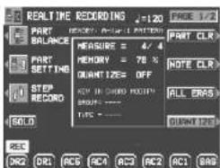 REALTIME RECORDING 2-120 PART BALANCE PART SETTING STEP RECORD SOLD MEASURE = 4 / 4 MEMORY = 78 % QUARTIZE= OFF KEY IN CHAND PROPERTY GROUP: ---- TYPE: ---- PART CLR NOTE CLR ALL ERAS QUARTIZE