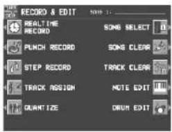 RECORD & EDIT REALTIME RECORD PUNCH RECORD STEP RECORD TRACK ASSIGN QUANTIZE SOMS SELECT SONS CLEAR TRACK CLEAR NOTE EDIT DRUM EDIT