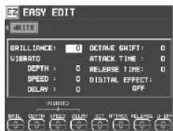 EASY EDIT WRITE BRILLIANCE: 0 OCTAVE SHIFT: 0 VIBRATO ATTACK TIME: 0 DEPTH: 0 RELEASE TIME: 0 SPEED: 0 DIGITAL EFFECT: 0 DELAY: 0 OFF VIBRATO DEPTH SPEED DELAY SET ATTICK RELIEVE ON UP