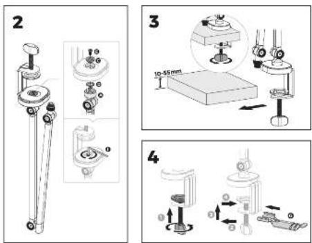 Technical diagram showing four different mechanical assembly setups with labeled components and dimensions