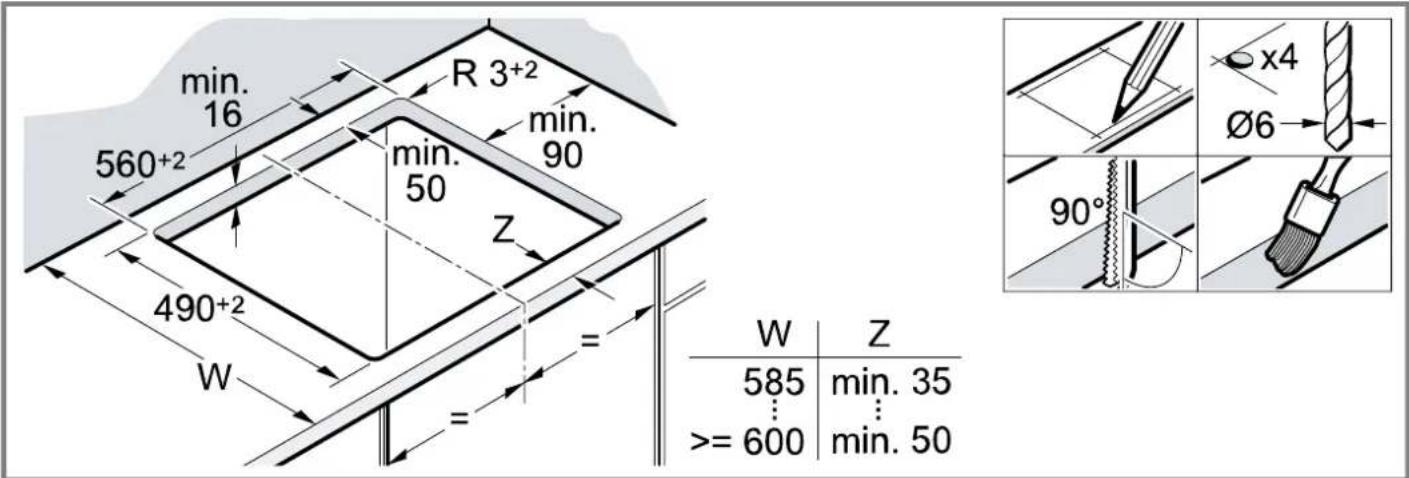 min. 16 560+2 R 3+2 min. 90 min. 50 Z 490+2 W = = W | Z 585 min. 35 ⋮⋮ >= 600 min. 50 x4 Ø6 90°