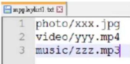 1 photo/xxx.jpg 2 video/yyy.mp4 3 music/zzz.mp3