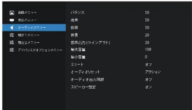 西欧メニュー 西欧メニュー オーディオメニュー 観光1メニュー 観光2メニュー アドバンスドオプションメニュー バランス 50 高音 50 低音 50 音量 20 音声出力(ラインアウト) 20 最大音量 100 最小音量 0 ミュート オフ オーディオセット アクション オーディオ出力同期 オフ スピーカー設定 オン
