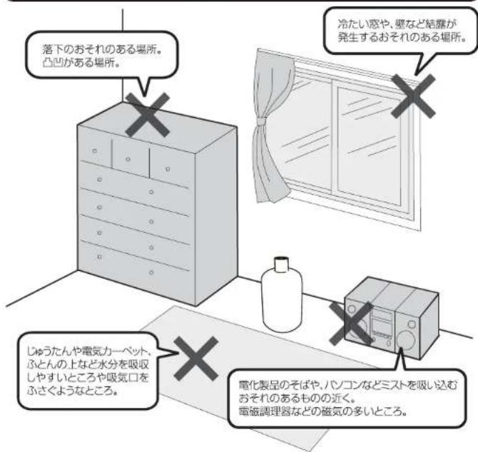 落下のおそれのある場所。 凸凹がある場所。 冷たい悪や、壁など結露が発生するおそれのある場所。 じゅうたんや電気カーペット、ふとんの上など水分を吸収しやすいところや吸気口をふさくようなところ。 電化製品のそばや、パソコンなどミストを吸い込むおそれのあるものの近く。 電磁調理器などの磁気の多いところ。