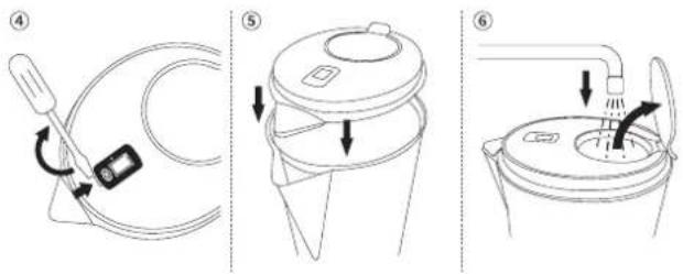 Diagram illustrating three steps of a device operation: wire insertion, lid marking, and discharge with a valve.