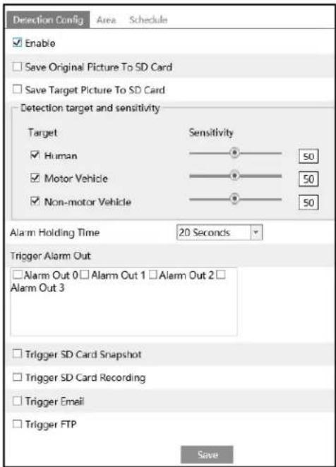 Detection Config Area Schedule Enable Save Original Picture To SD Card Save Target Picture To SD Card Detection target and sensitivity Target Sensitivity Human 50 Motor Vehicle 50 Non-motor Vehicle 50 Alarm Holding Time 20 Seconds Trigger Alarm Out Alarm Out 0 Alarm Out 1 Alarm Out 2 Alarm Out 3 Tri…