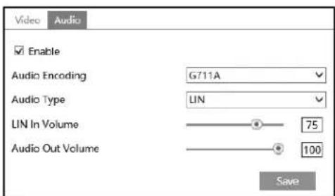 Video Audio Enable Audio Encoding G711A Audio Type LIN LIN In Volume 75 Audio Out Volume 100 Save