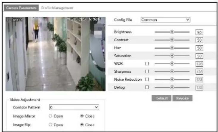 Camera Parameters Profile Management Config File Common Brightness 50 Contrast 50 Hue 50 Saturation 50 WDR 128 Sharpness 128 Noise Reduction 128 Defog 128 Video Adjustment Corridor Pattern 0 Image Mirror Open Close Image Flip Open Close Default Revoke