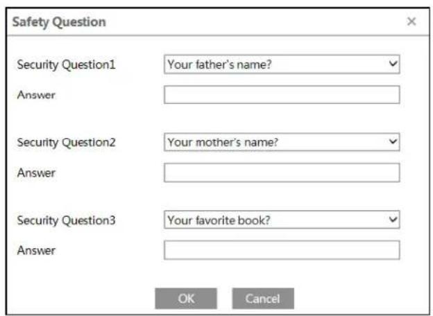 Safety Question Security Question1 Your father's name? Answer Security Question2 Your mother's name? Answer Security Question3 Your favorite book? Answer OK Cancel