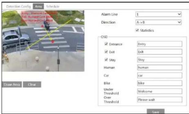 Detection Config Area Schedule Entry: Inverter Configuration Test: Nutrient Care Board Test: Inverter Configuration Alarm Line 1 Direction A->B Statistics OSD Entrance Entry Exit Exit Stay Stay Human human Car car Bike bike Under Welcome Threshold Over Please wait Threshold