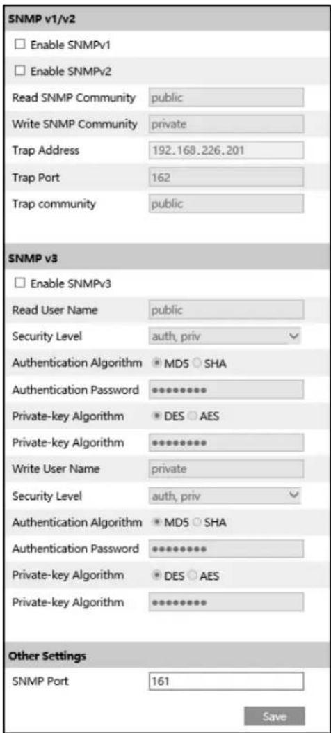 SNMP v1/v2 Enable SNMPv1 Enable SNMPv2 Read SNMP Community public Write SNMP Community private Trap Address 192.168.226.201 Trap Port 162 Trap community public SNMP v3 Enable SNMPv3 Read User Name public Security Level auth, priv Authentication Algorithm MDS SHA Authentication Password ********** Pr…