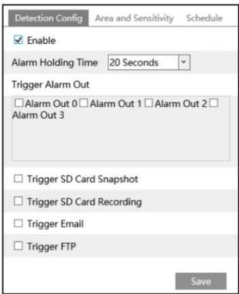 Detection Config Area and Sensitivity Schedule Enable Alarm Holding Time 20 Seconds Trigger Alarm Out □ Alarm Out 0 □ Alarm Out 1 □ Alarm Out 2 □ Alarm Out 3 □ Trigger SD Card Snapshot □ Trigger SD Card Recording □ Trigger Email □ Trigger FTP Save