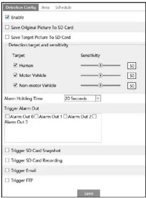 Detection Config Arco Schedule Enable Save Original Picture To SD Card Save Target Picture To SD Card Detection target and sensitivity Target Sensitivity Human 50 Motor Vehicle 50 Non-motor Vehicle 50 Alarm Holding Time 20 Seconds Trigger Alarm Out Alarm Out 0 Alarm Out 1 Alarm Out 2 Alarm Out 3 Tri…