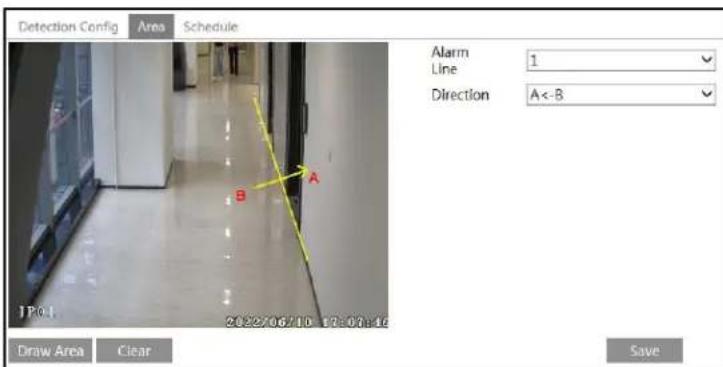 Detection Config Area Schedule Alarm 1 Line Direction A<-B 1P0-1 2022/06/10 12:00:46 Draw Area Clear Save