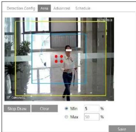 Detection Config Area Advanced Schedule IP Camera402 Stop Draw Clear Min 5 % Max 50 % Save
