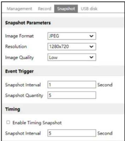 Management Record Snapshot USB disk Snapshot Parameters Image Format JPEG Resolution 1280x720 Image Quality Low Event Trigger Snapshot Interval 1 Second Snapshot Quantity 5 Timing Enable Timing Snapshot Snapshot Interval 5 Second