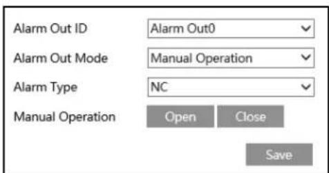 Alarm Out ID Alarm Out0 Alarm Out Mode Manual Operation Alarm Type NC Manual Operation Open Close Save