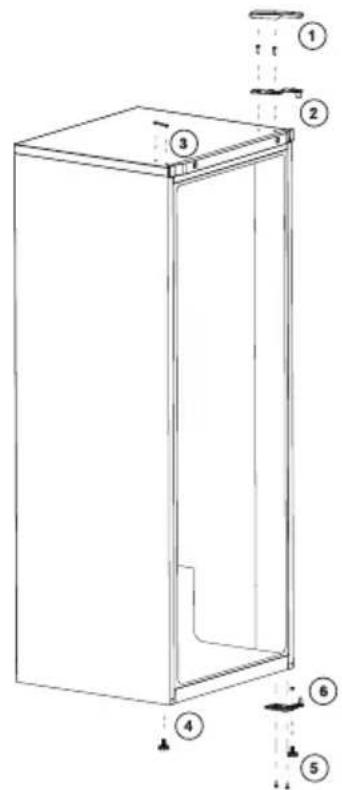 Technical diagram of a rectangular refrigerator with numbered components and labeled parts