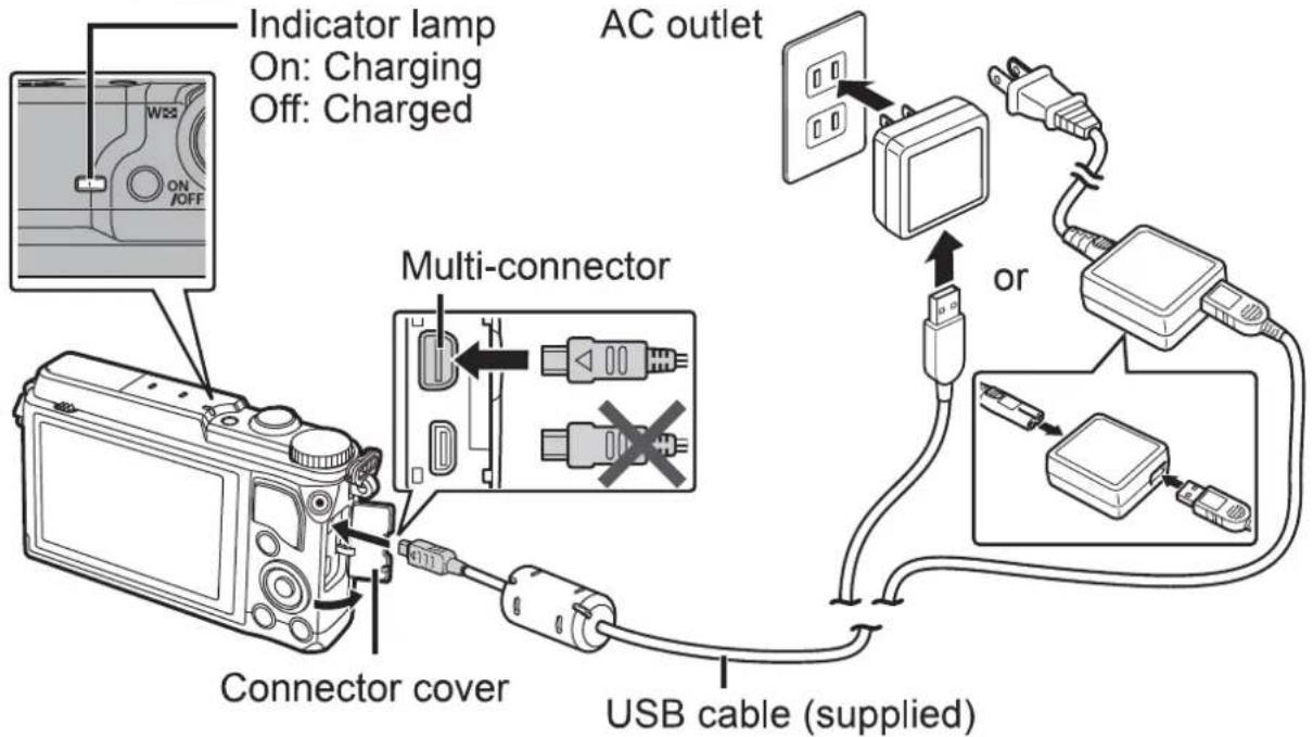 OLYMPUS SH-1 - Connect the USB cable and USB-AC adapter to the camera and charge the battery. - 1