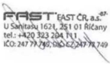 FAST FAST CR, a.s. 67- U Sanitasu 1621, 251 01 Ríčany tel.: +420 323 204 N 1 ICO: 247 77 749, 010 CZ: 247 78 749