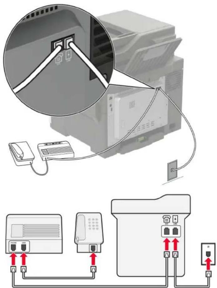 LEXMARK CX625 - konfiguráció: A nyomtató egy üzenetrögzítővel közösen használja a telefonvonalat - 1