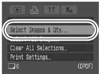 CANON IXUS 65 - Slide the mode switch to ▶ ( playback) ▶ (Print) Menu ▶ [Select Images & Qty.]. - 1
