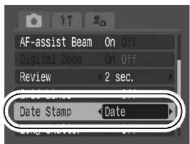 CANON IXUS 65 - (Rec.) Menu ▶ [Date Stamp] ▶ [Date]/[Date & Time]. - 1
