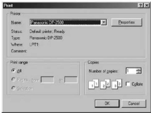 Print Printer Name: Panasonic DP-2500 Status: Default: printers: Ready Type: Panasonic DP-2500 Where: LPT1: Comment: Print range All Page: none Selection Copies Number of copies: 1 1 2 3 4 Collate OK Cancel