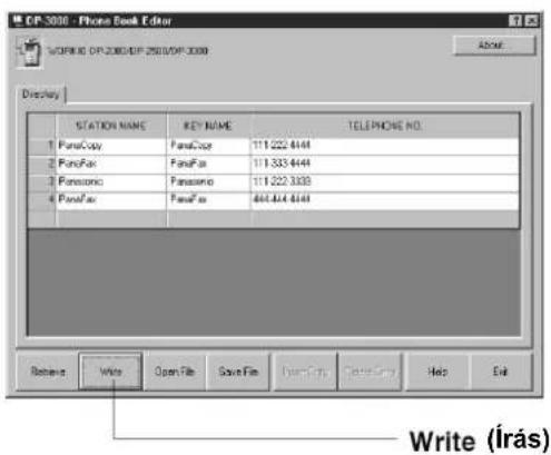 OP-3008 - Phone Book Editor WORKD OP-2008/OP-2501/OP-3008 ADDRESS STATION NAME KEY NAME TELEPHONE NO. PanaCopy PanaCoc 111.222.444 PanaFox PanaFos 111.333.444 Panasonic Panasonic 111.222.333 PanaFax PanaFas 466.444.444 Browse Write Open File Save File Print Copy Print Copy Help Exit Write (Írás)
