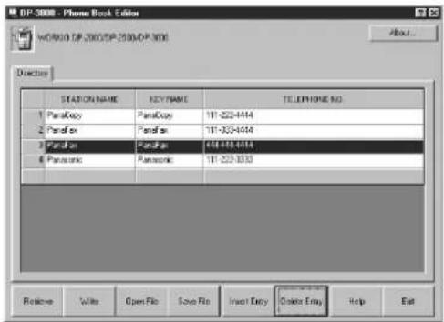 OP 3000 - Phone Book Color WORKS OP 3000/OP 3000/OP 3001 About... Directors STATION NAME KEY NAME TELEPHONE NO. 1 PanalCoco PanalCoco 181-222-4444 2 Panal ex Panal ex 181-322-4444 3 Panal ex Panal ex 454-488-4844 4 Panasonic Panasonic 181-222-3333 Returns Write Open File Save File Import Entry Order Entry Help Eat