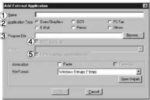 Add External Application Name Application Type: ○ Draw/Graphic ○ ODR ○ PC-Fax ○ E-Mail ○ Printer ○ Others Program File Browse... 12.0% Iconics 2000 Finding setting a mode icon Annotation: Faste Faster Log File Format: Windows Bitmaps (*.bmp) Open Details OK Cancel