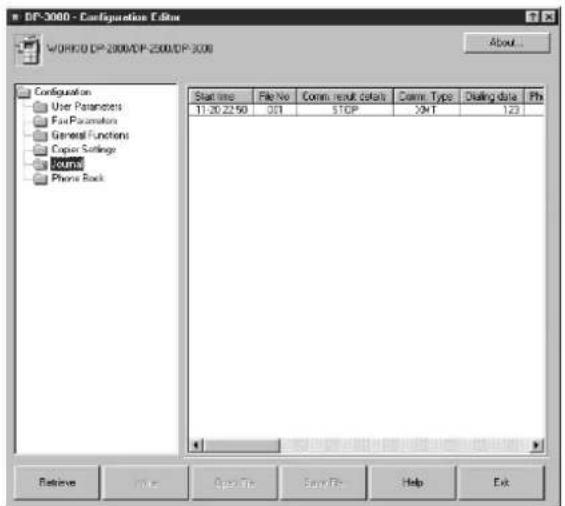 DF-3000 - Configuration Editor WORKD DP-2000/DP-2000/DP-300 About... Configuration User Parameters Fair Parameters General Functions Copier Settings Journals Phone Rock Start time File No Comm. result details Comm. Type Dialing data Phx 11:30:22:50 001 STOP XHT 123 Returns View Oper Info Save Info Help Exit