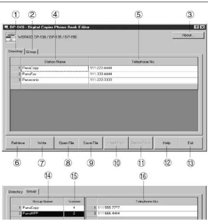 DP-1X0 - Digital Copy Phone Book Editor WORKD DP-130 / DP-135 / DP-150 About... Directory | Group | Station Name Telephone No. 1 PanaCopy 111-222-4444 2 PanaFax 111-333-4444 3 Panasonic 111-333-3333 Retrieve Write Open File Save File Insert Entry Delete Entry Help Exit 6 7 8 9 10 11 12 13 14 15 16 Directory | Group | Group Name Volumes Telephone No. 1 PanaCopy 4 1 111 555 7777 2 PanaMFP 2 2 111 666 4444