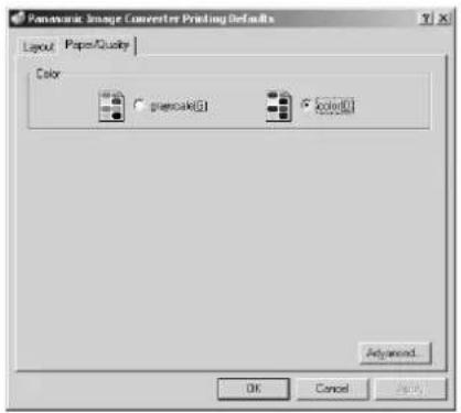 Panasonic Image Converter Printing Defaults Layout Paper/Quality Color plancake(S) Color(C) Advanced OK Cancel Apply