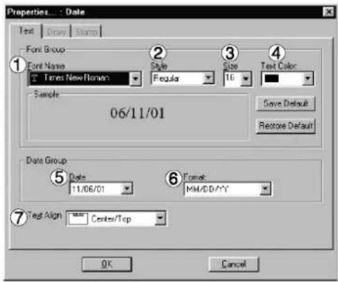 Properties... : Date Text Cray Stamp Font Group Font Name Times New Roman Style Fregular Size 16 Text Color Sample 06/11/01 Save Default Restore Default Date Group Date 11/06/01 Format: MM/DD/YYYY Text Align: Center/Top OK Cancel