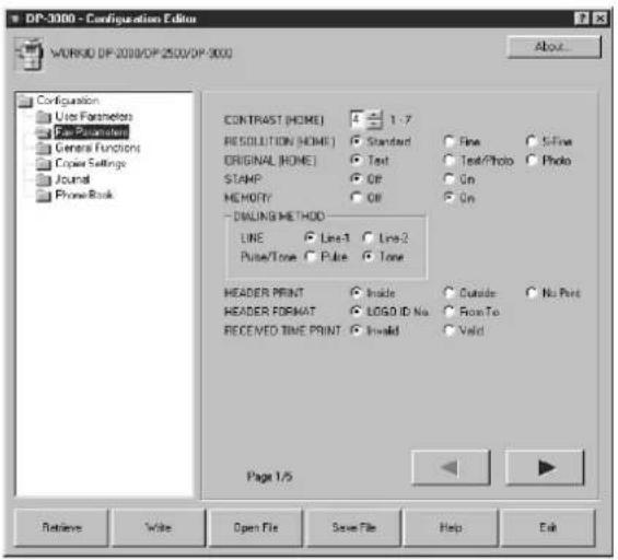 DP-3000 - Configuration Edition WORKD DP-2000/DP-2500/DP-3000 About... Configuration Use Parameters Fire Parameters General Functions Copy Settings Journal Phone Book CONTRAST (HOME) 4 1 - 7 RESOLUTION (HOME) Standard Fine 5-Fine ORIGINAL (HOME) Test Test/Photo Photo STAMP Off On MEMORY Off On DWALING METHOD LINE Line-1 Line-2 Pulse/Time Pulse Tone HEADER PRINT Inside Outside No Print HEADER FORMAT LOGO ID No Print To RECEIVED TIME PRINT Invalid Valid Page 1/5 Returns Write Open File Save File Help Help OK