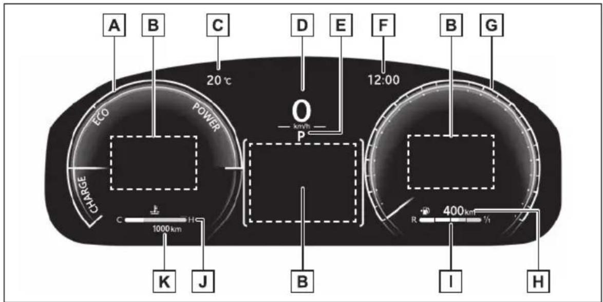 A B C D E F B G 20 °C 12:00 ECO POWER P Charge C H 1000 km K J B 400 km/1h R I H
