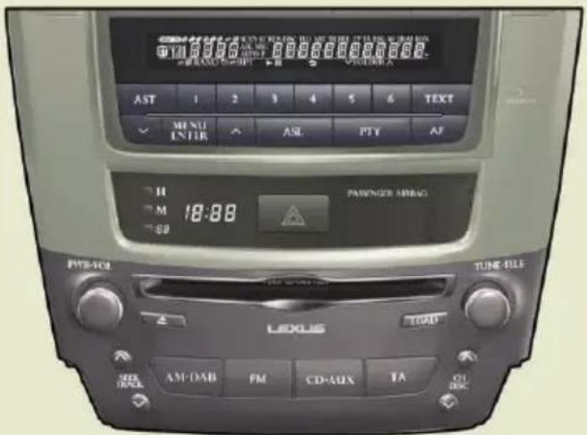 AS 1 2 3 4 5 6 TEXT MENU ENTER ASL PTY AT H M 18:80 S9 PANVASER AIRBAG TUNE FILE LEXUS LOAD AM-DAB FM CD-AUX TA OH DISC