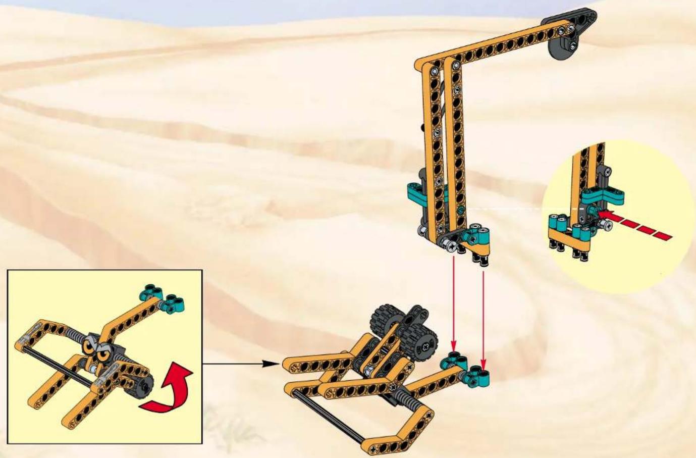 Diagram illustrating a robotic arm assembly with labeled components and directional arrows, showing motion progression from left to right.
