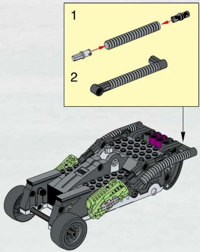 Technical diagram of a toy car with labeled parts and assembly instructions