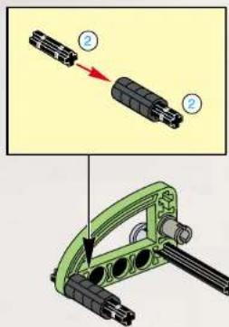 Diagram showing two mechanical components with numbered parts and a green bracket, likely illustrating a assembly or manufacturing process.
