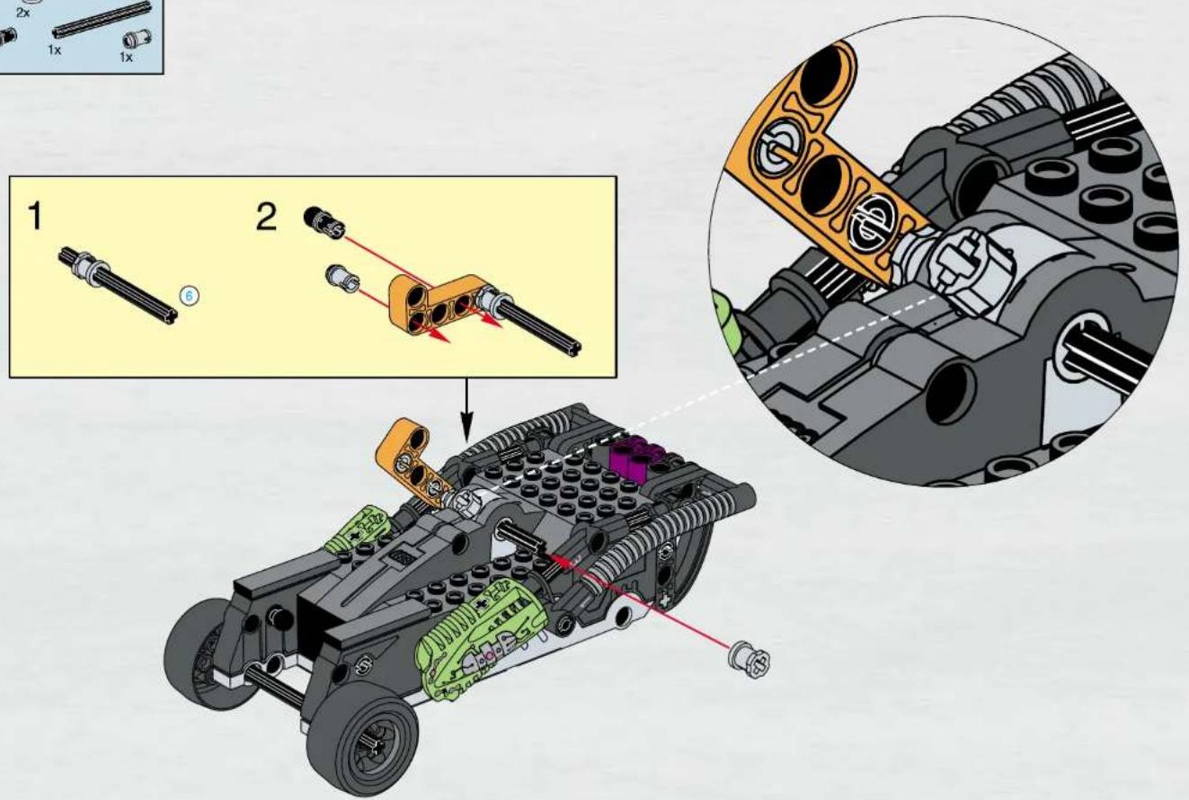 Technical diagram of a robotic car with labeled parts and assembly steps, including exploded view and close-up detail.