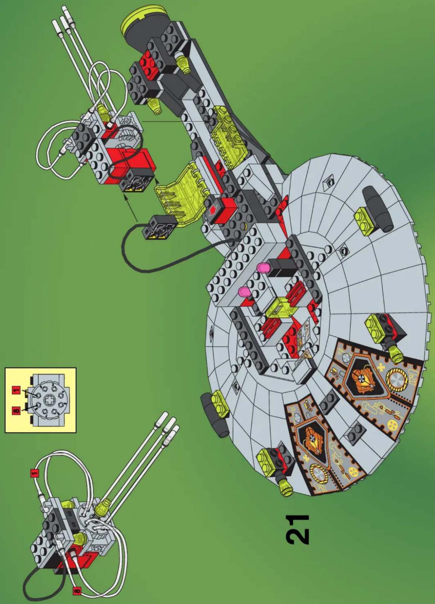 Lego assembly diagram showing three stages of robotic arm and control components with numbered labels