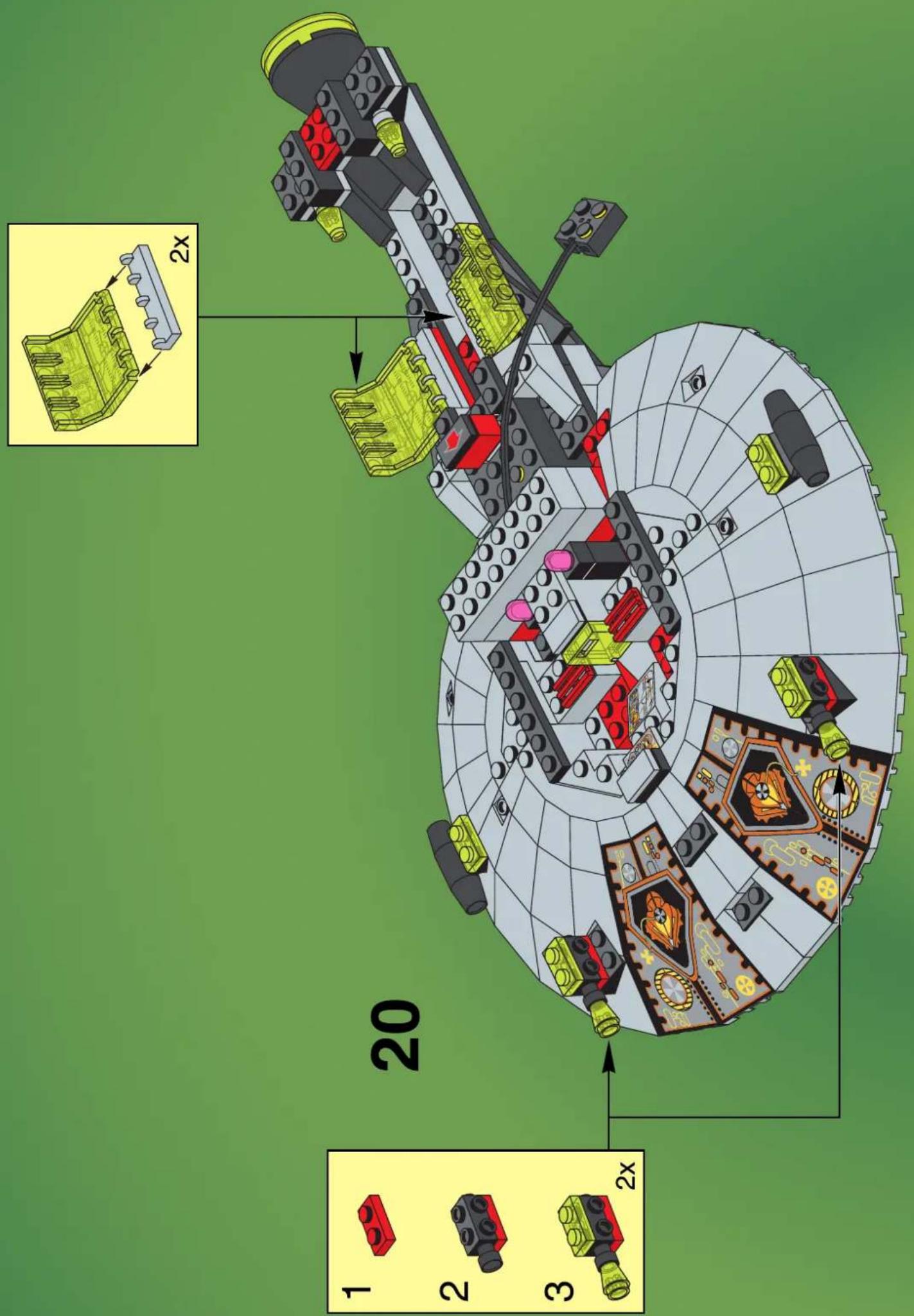 Lego assembly diagram showing a mechanical structure with numbered components and 2x magnified views of the assembly.