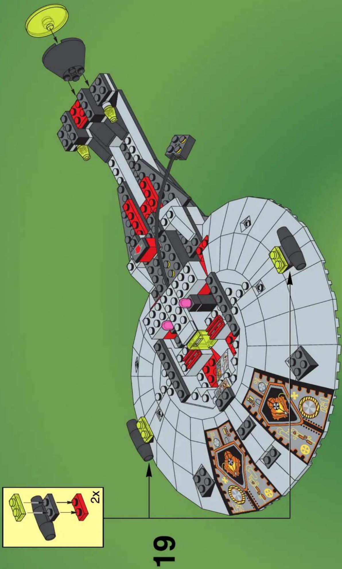 Lego's interior layout diagram with labeled components and a 2x scaling indicator for mechanical design.