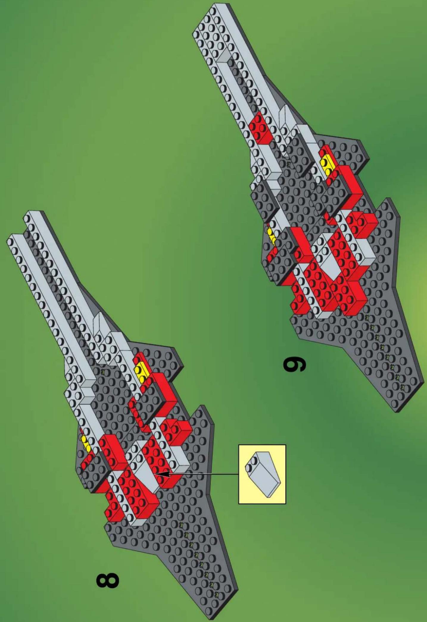 Lego assembly diagram showing two configurations with red and gray components, labeled 6 and 8, and a small inset image of a yellow object.
