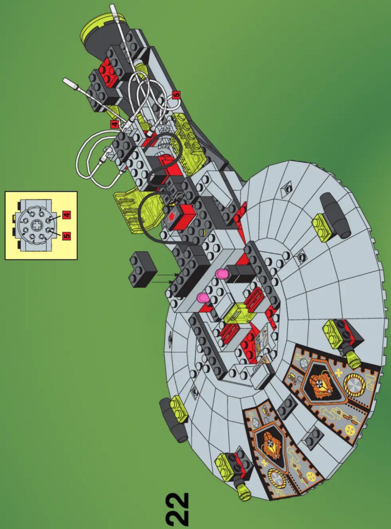 Lego's interior layout diagram with numbered components and a magnified inset showing labeled parts 4, 5, and 22.