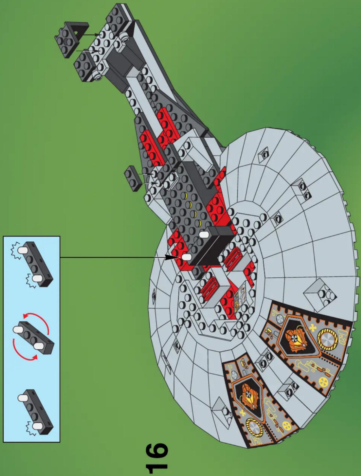 Lego's 3D architectural diagram of a spacecraft with labeled components and directional arrows, including gear symbols and motion indicators.