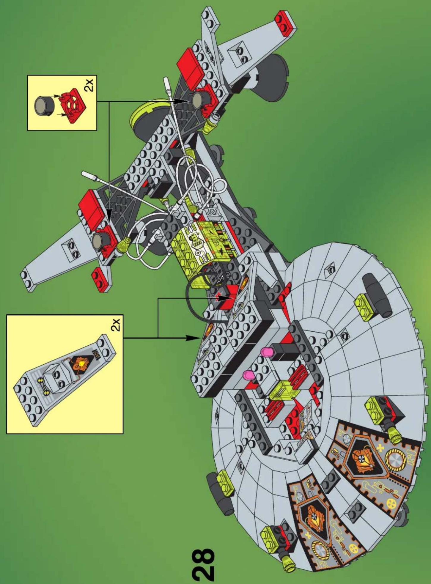 Lego assembly diagram with labeled components and 2x magnified views showing mechanical parts and assembly details