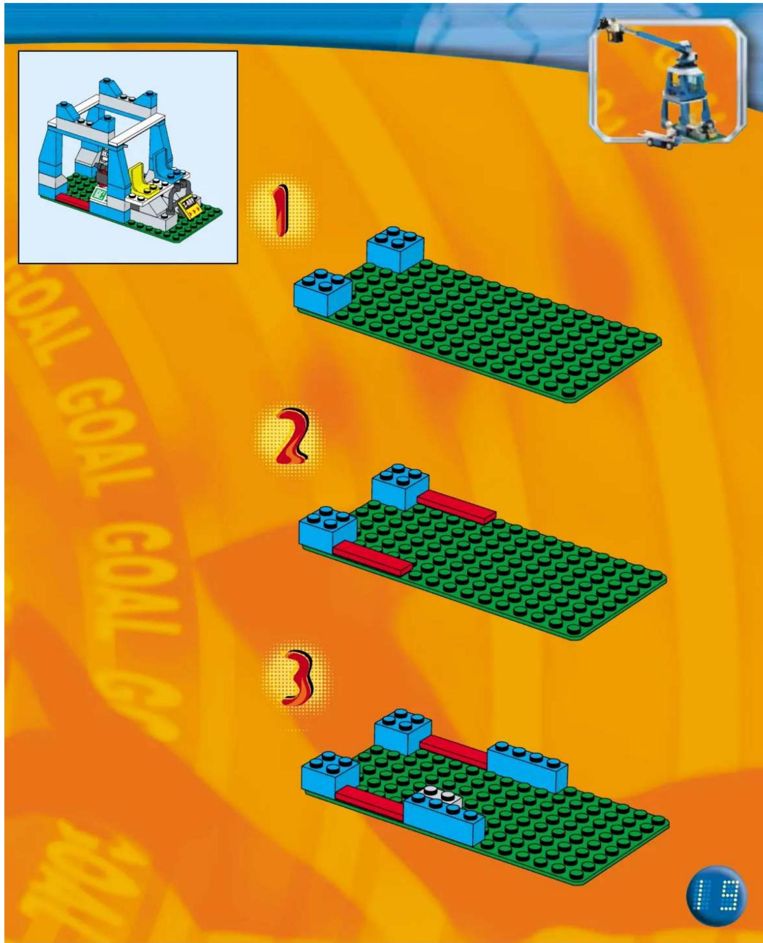 Lego game illustration showing three steps of climbing a green LEGO structure with numbered instructions and an inset image of a robotic arm.